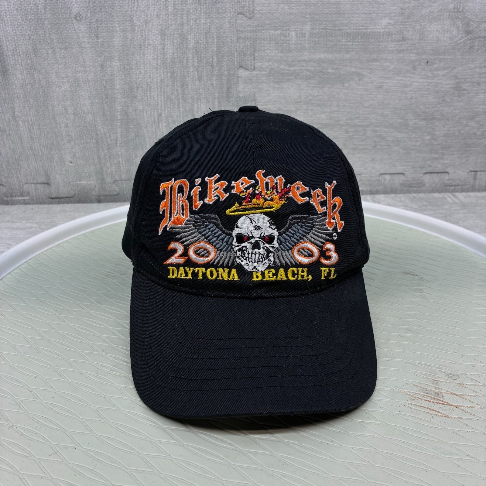 Vintage Y2k Daytona Beach Bike Week Hat Cap Strap Back Black Embroidered Biker